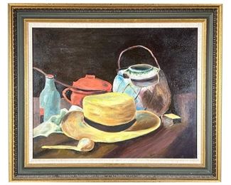 TABLETOP STILL LIFE | Hat, spoon, bottles, other vessels
Oil on canvas
No apparent signature. - w. 24.5 x h. 20.5 in (frame)