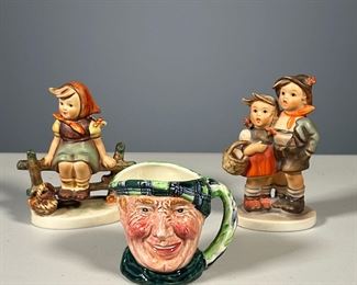 (3PC) CERAMIC FIGURES | Two Hummel figures: “Surprise” #94 3/0 and “Just Resting” #112 3/0; and mini Toby Jug “Scotie”. - h. 4.5 in (“Surprise” Hummel)