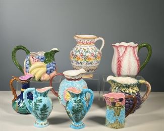 (9PC) MAJOLICA DECOR | Majolica pitchers / vases of varying sizes, with cabbage, acorn, flower & fruit decor. - h. 8 in (tallest)