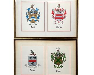 (4PC) MARY HAMILTON CLARK, F.I.A.G. | Hand Painted Heraldry Heraldic Devices including Ould; Pierce; Martin; and Swift, by Mary Clark, Heraldic Artist registered in the Heraldry Division of the Library of Congress; framed in two pairs; each approximately 9.5 x 7.5 in. (sight). - w. 20.5 x h. 14.5 in (ea. frame)