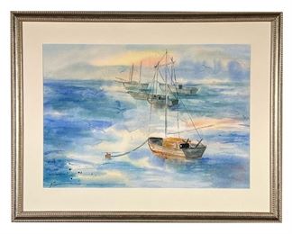 L. R. WIENER (20TH CENTURY) | Boats with seagulls
Watercolor on paper
Signed lower left, the boat is named after the artist. - w. 27 x h. 21 in (frame)