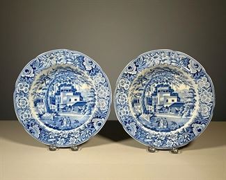 (2PC) PAIR BLUE & WHITE PLATES | With matching chinoiserie scenes, no apparent markings. - dia. 10 in