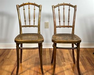 (2PC) THONET SIDE CHAIRS | Pair of Thonet side / accent chairs with wood frames, spindle backrest and cane seats. - l. 15 x w. 14 x h. 35 in