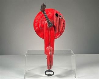 ANTIQUE HUSQVARNA “BÖNSKÄRARE” NO. 2 (BEAN CUTTER) | Made in Sweden, cast iron bean cutter with wooden handle and c-clamp to attach to edge of table or counter; red paint. - h. 11.5 x dia. 5.5 in