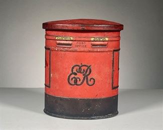 ENGLISH LETTERBOX TIN | Oval tin formed and painted to resemble an English letterbox with postal information posters on side. -  l. 4.5 x w. 5.75 x h. 7 in