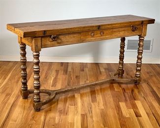 RICHELIEU WAKE TABLE | French wake table by Richelieu Art et Muebles de France, having two folding leaves on either side (approx. 8-inch wide), with a single drawer, on turned spindle legs and wishbone style stretcher; impressed stamp mark. - l. 63 x w. 31.5 x h. 30 in (fully extended)