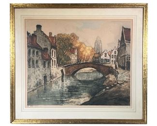 SIGNED & NUMBERED PARISIAN PRINT | Early 20th-century colored print of a small canal in Paris
Pencil signed and numbered lower margin, with artist's monogram stamps
In a gilt frame
24.75 x 20.5 in (sight). -  w. 31.75 x h. 27.75 in (frame)