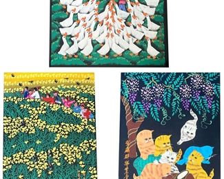 (3PC) JAPANESE MIXED-MEDIA PAINTINGS | Gouache on paper
Works showing: a girl feeding ducks, children in a field of flowers, and a group of colorful cats under a tree; all with calligraphy inscriptions in the margins. - w. 15.5 x h. 21 in (sheet)