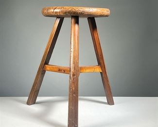WOOD TRIPOD STOOL | Early wooden tripod stool of small size, with conjoined stretcher. - h. 18n x dia. 17 in