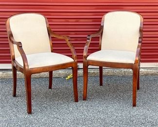 (2PC) PAIR SIDE CHAIRS | Wooden frame open armchairs with neutral textured upholstered seats and back rests. - l. 23 x w. 22.5 x h. 25.5 in