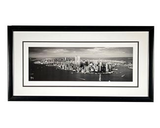 R. ANDERSON PRINT | Black and white panoramic photo of the Manhattan skyline, showing the twin towers. - w. 27 x h. 14 in