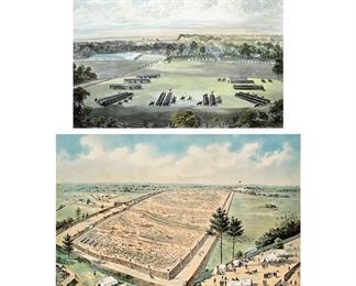 (2PC) AMERICAN PRINTS | Including Camp Bates & Birds Eye View of Andersonville Prison. - w. 23 x h. 17.5 in (largest)