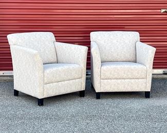 (2PC) PAIR GEIEGER BRICKEL ARMCHAIRS | Square frame arm/lounge chairs with patterned upholstery- very comfortable! - l. 31 x w. 29 x h. 31 in