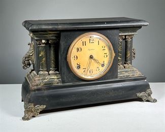 NGRAHAM SHELF CLOCK | Black painted wood frame with scrollwork metal mounts and faux painted marble columns. -  l. 17.5 x w. 6.5 x h. 10.75 in