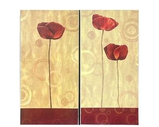 (2PC) FLORAL CANVAS PRINTS | A pair of canvas wall art hangings with red poppies on a geometric background, unframed. - w. 12 x h. 24 in (each)