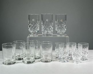 (13PC) CONCORD GLASSES | Some marked "Royal Doulton", including three 4.25-inch glasses and five 3-inch cordial glasses all with a "C" and crown logo, and five unmarked blown glasses with interesting figural design. 