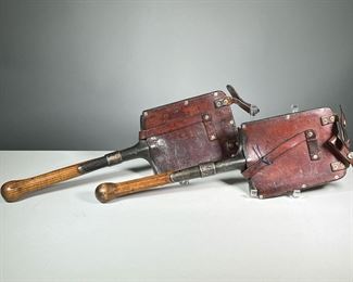 (2PC) ANTIQUE SHOVELS | Early, with leather covers. 