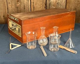 MASTER MASON SILVER SET | In original box [broken lid], unsure if contents are complete, with beakers and other scientific equipment. -  l. 18 x w. 9 x h. 6 in (box)