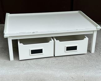 WILLIAMS-SONOMA LOW TABLE | White coffee table or play table with a lipped / gallery top and two storage drawers underneath.