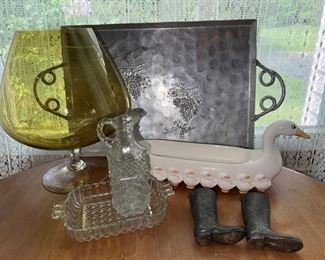 Large Brandy Glass, Brass Boots, Fitz and Floyd Dish, Hammered Metal Tray