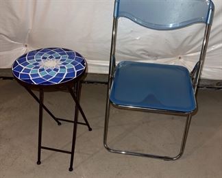 MCM style blue chrome chair and folding tile top table. Plant table, patio table.