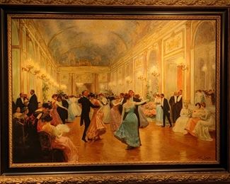 VERY LARGE (34" X 48") CANVAS OIL PRINT by FRENCH ARTIST VICTOR GABRIEL GILBERT titled "AN ELEGANT SOIREE"