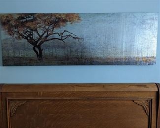 VINTAGE SOLID OAK QUEEN BED....METALLIC ART PRINT LANDSCAPE