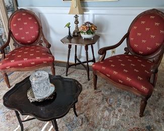 PAIR of MODERN MEDALLION BACK ARM CHAIRS with RED & GOLD DRAGONFLY FABRIC....BLACK LACQUER TRAY TABLE...ANTIQUE COPPER TOP LAMP TABLE
