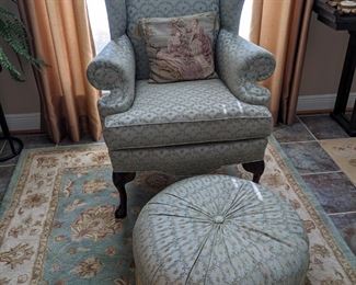 VINTAGE WINGBACK CHAIR & ROUND OTTOMAN