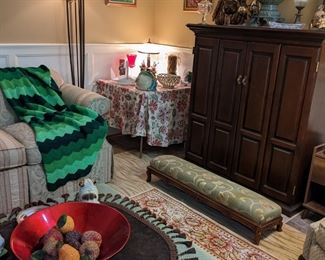 ANTIQUE PRAYER BENCH...WALL LAMP....TV CABINET