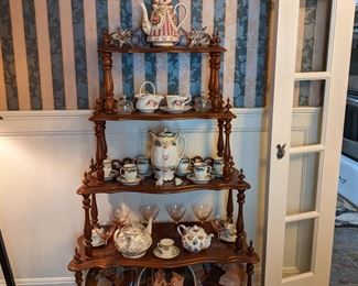 ANTIQUE ETEGERE.....TEA POTS & PLATES