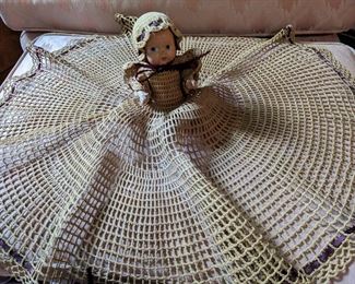 ANTIQUE COMPOSITION BABY DOLL IN CROCHET DRESS