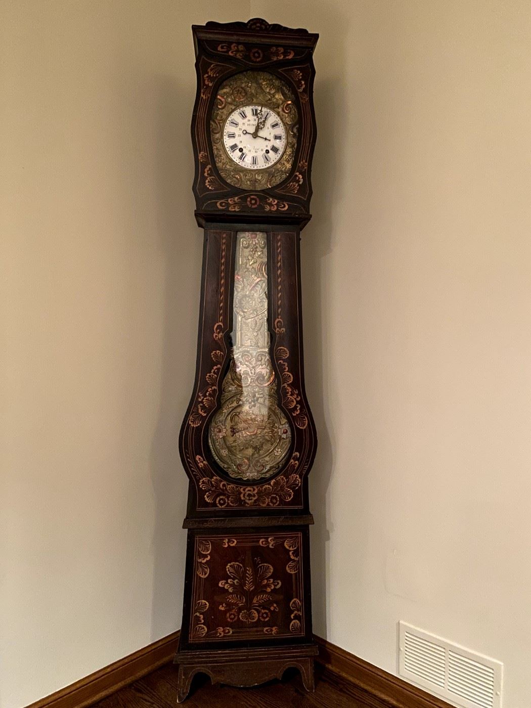 French Comtoise Grandfather Clock with Automated Pendulum    BUY IT NOW  $2,500.00     Seven Day Morbier movement, enamel face signed,   89" T, 19.25"W, 8.25"D   