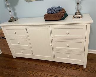 Pottery Barn White Bedroom Suite  $1,000 ,  Including Full Size Bed with bookcase headboard , Dresser, Bookcases x 2, Half Size Bookcase   - excellent condition 
