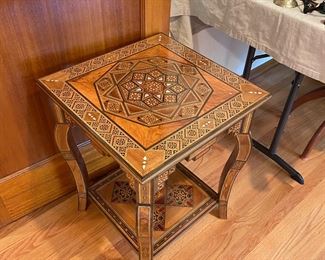 $360 Beautiful inlaid square table. Excellent condition. Table measures 18" sq. X 24" h