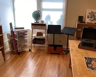 Stand up workstation, wrapping paper cart and pine table.