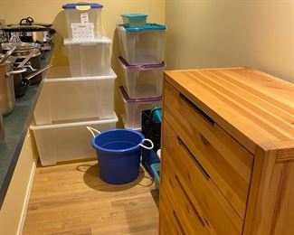 $120 Five drawer pine dresser. 35w x 19d x 45.5h. Plastic storage bins sold in person Friday and Saturday.