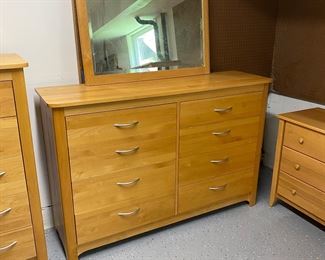$540 Set with eight-drawer dresser with detachable mirror and five-drawer highboy dresser (shown in next photo) Dresser with mirror measures 61w x 17.5d x 40.5h Highboy dresser 38w x 17.5d x 49h