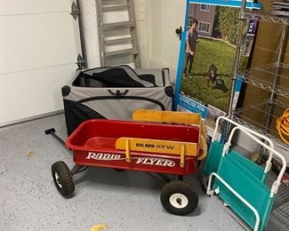 Radio flyer wagon, soft-sided dog crate and portable dog pen 