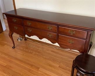 $240 Hickory Sideboard with lined silver drawer.  68w x 20d x 34.5h Pair of stacking round stools sold in a separate photo
