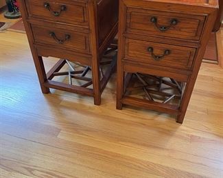 $90 Pair of vintage side tables with carved base detailing. 15w x 27d x 26h. (as found but easily made to look perfect)  