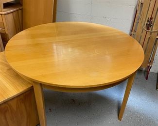$80 Round alder table with two 18.5" leaves. Table is 46" dia. x 29"h. Some "as found" finish issues