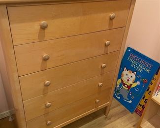 Ragazzi Maple Highboy five-drawer dresser sold as set. 36w x 20d x 48h. Set $580