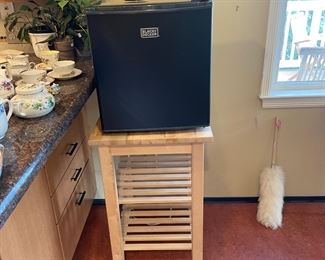 $80 Butcher block with two shelves. 19.75 x 22.75 x 33.5h. Black and Decker mini fridge $40 17.5 x 18 x 19.5h
