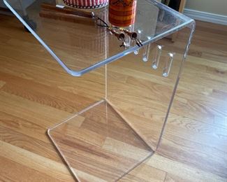 $60 Acrylic side table 12.5 x 14 x 23h (as found some small scratches on top)