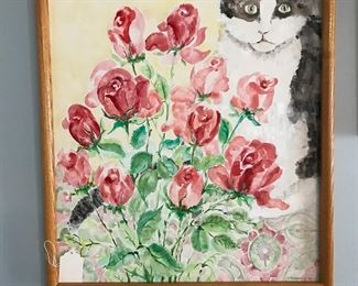 Local Artist - beautiful roses and Cat signed