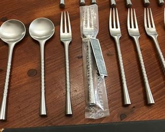 Dansk Flatware with artist signature, Jens H Quistgaard of Denmark. 8 Dinner Spoons(teaspoons), 8 Dinner Forks, 8 Soup Spoons, 8 Dinner Forks, 1 Serving Fork 2 Serving Spoons 1 Carving Knife. Pattern s "Jette"