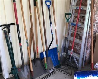 Lawn Tools - Shovels, rakes, fence posts, various size and kinds of ladders and step stools