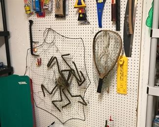 Vintage Tennis racket.  all kinds of tools for matting and framing. Fishing net