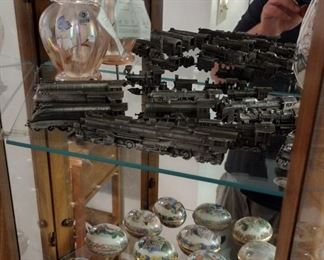 Lenox egg collection, pewter train collection, and Fenton